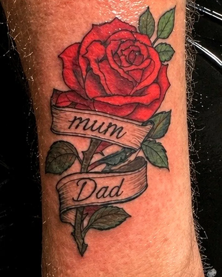 Rose tattoo with Mum and Dad lettering by Tinta Libre Tattoo in Calella
